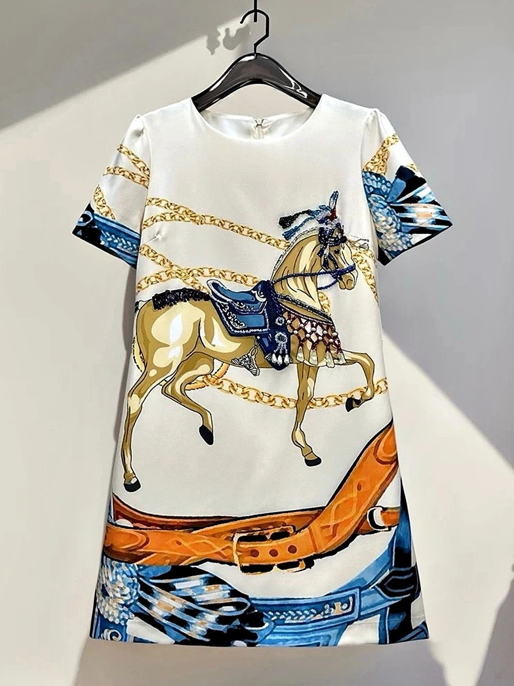 Embellished Horse Print Mini Dress in White & Blue